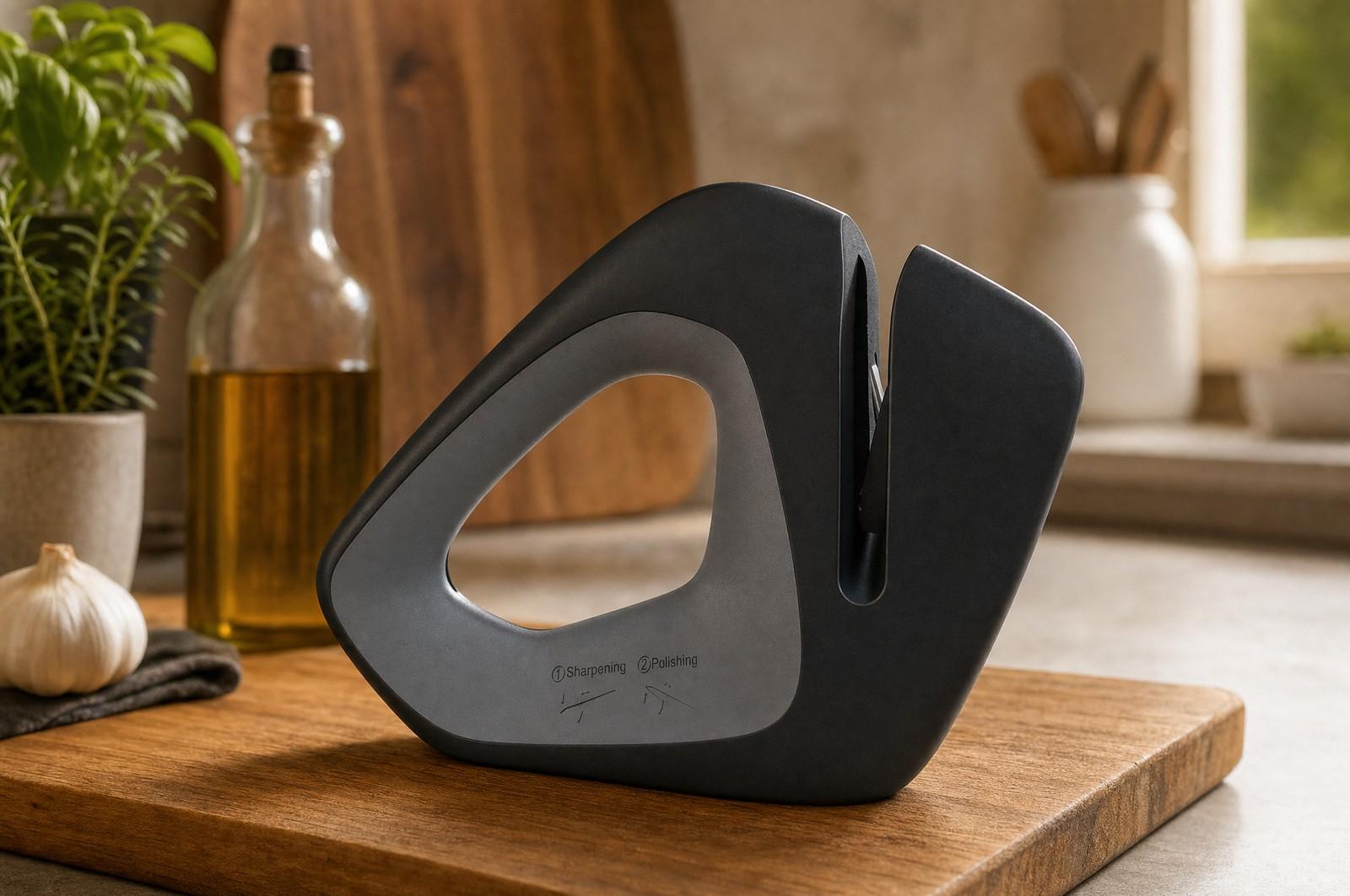 Точилка KONTEQ RM100 стоит на деревянной разделочной доске на кухне