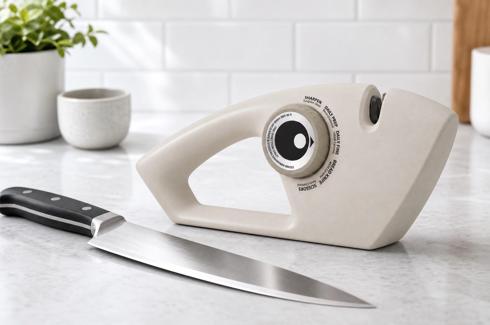 Точилка KONTEQ RM055 с барабаном режимов и кухонный нож рядом