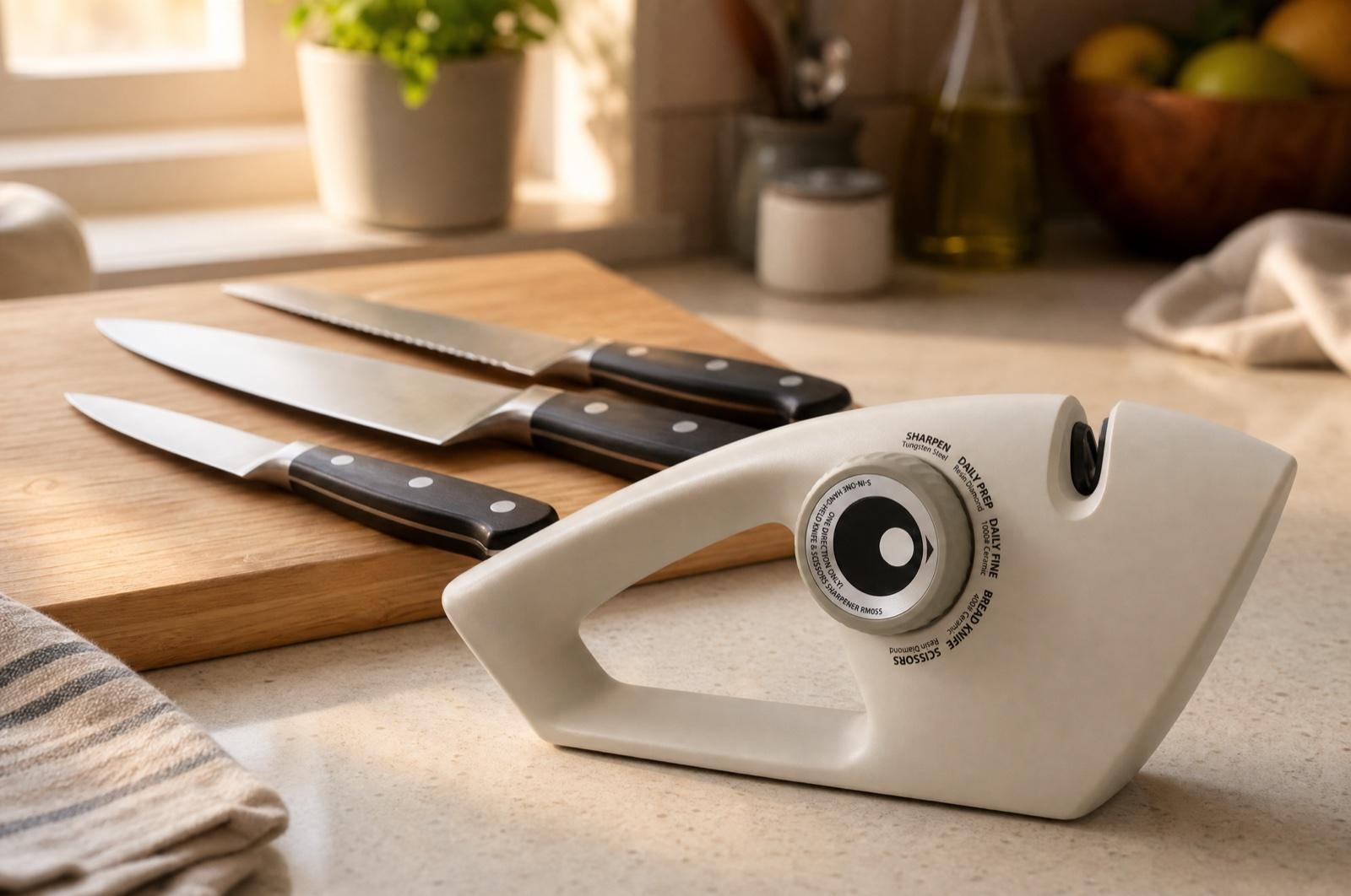 Точилка KONTEQ RM055 и три кухонных ножа на деревянной доске
