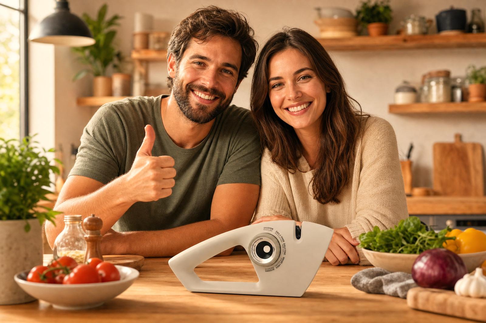 Улыбающаяся пара на кухне, на столе точилка KONTEQ RM055