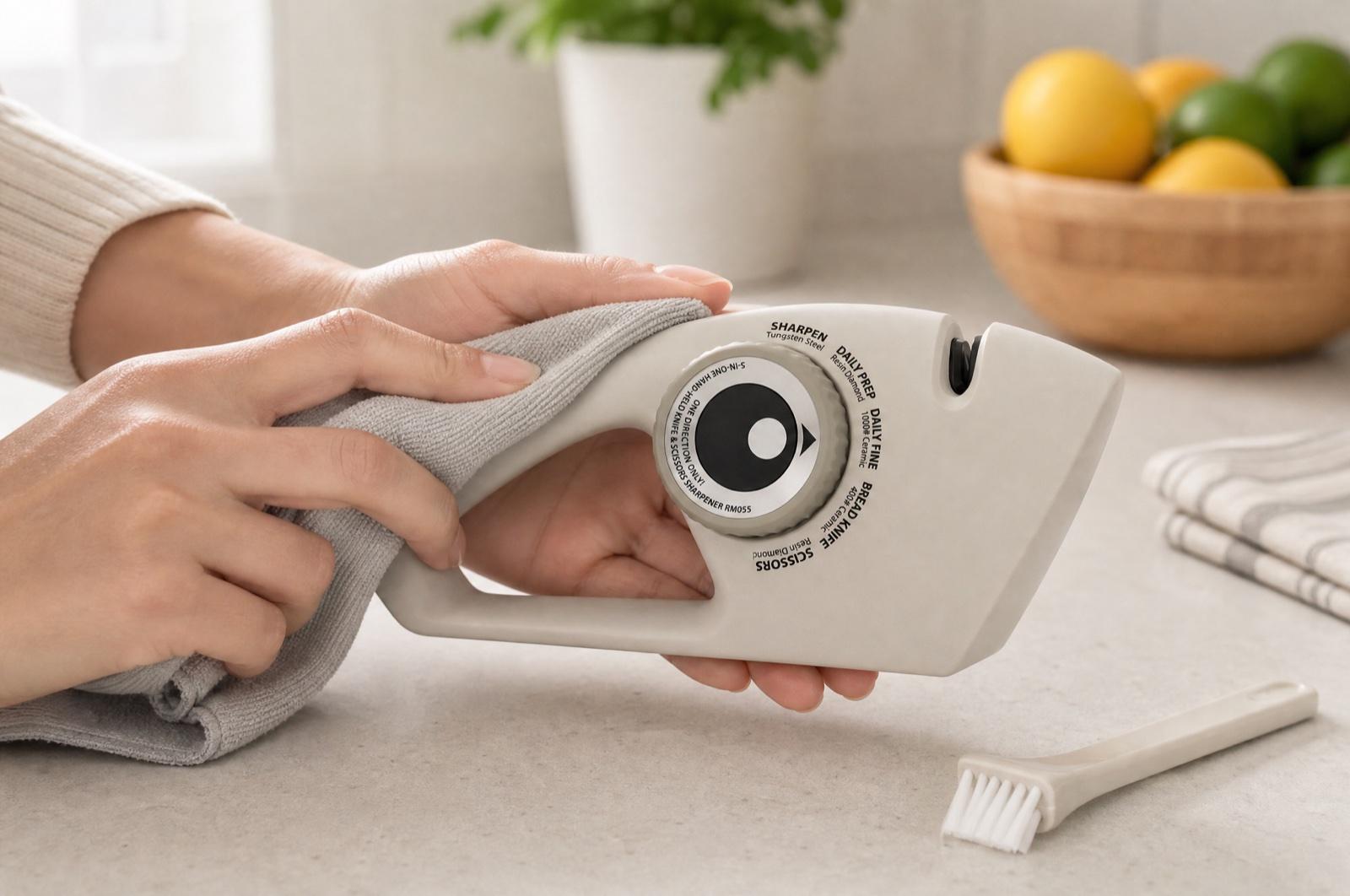 Точилку KONTEQ RM055 протирают мягкой тканью на кухонной столешнице