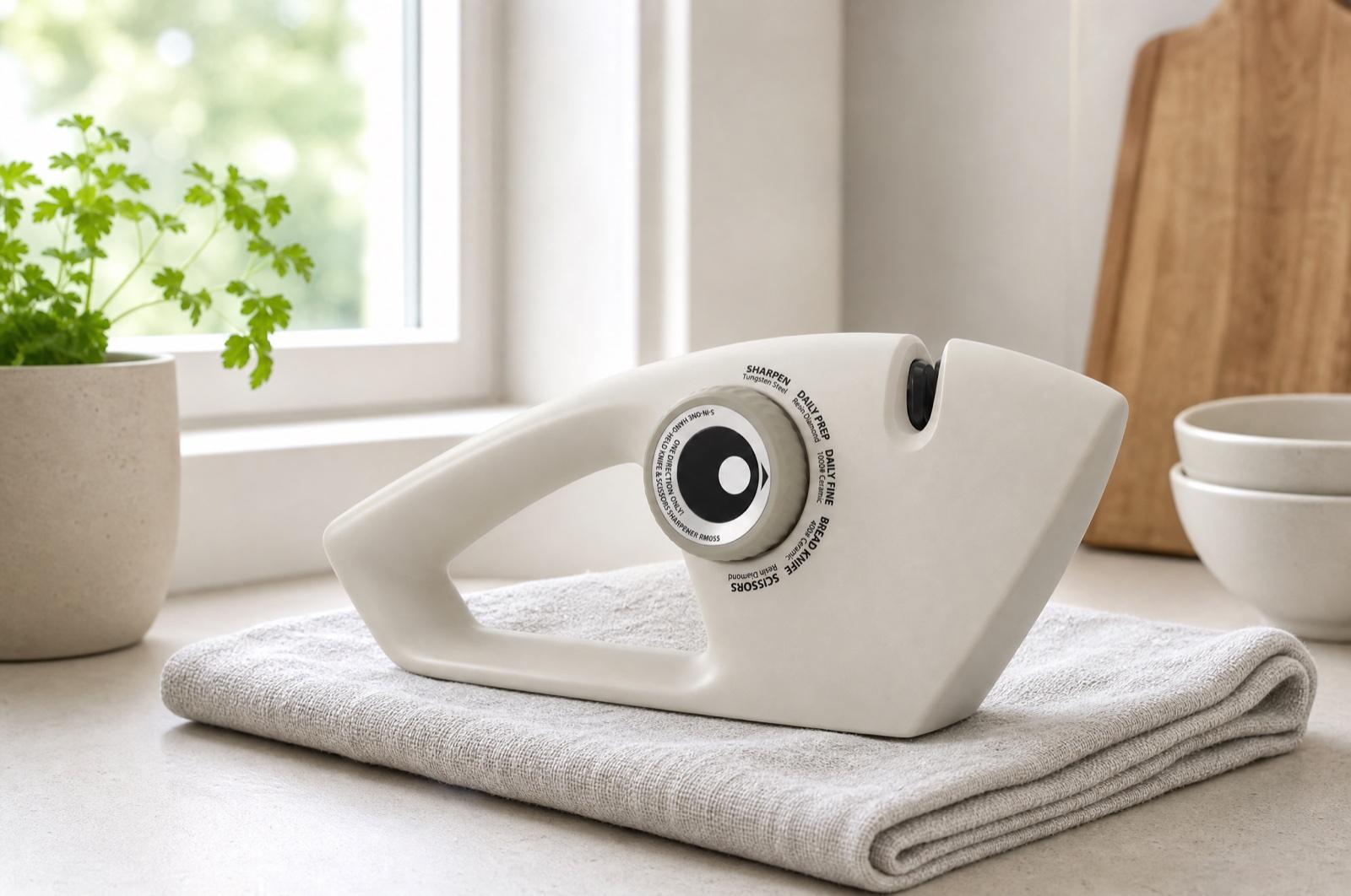 Чистая точилка KONTEQ RM055 хранится на сложенном полотенце у окна