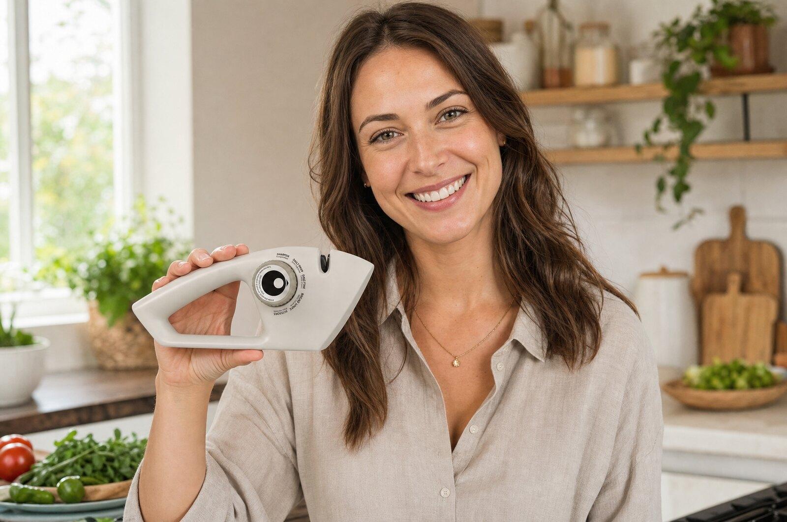 Улыбающаяся женщина держит ручную точилку KONTEQ RM055 на кухне