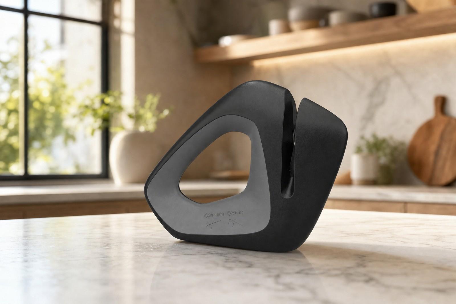 Точилка KONTEQ RM100 стоит на деревянной разделочной доске рядом с кухонным ножом